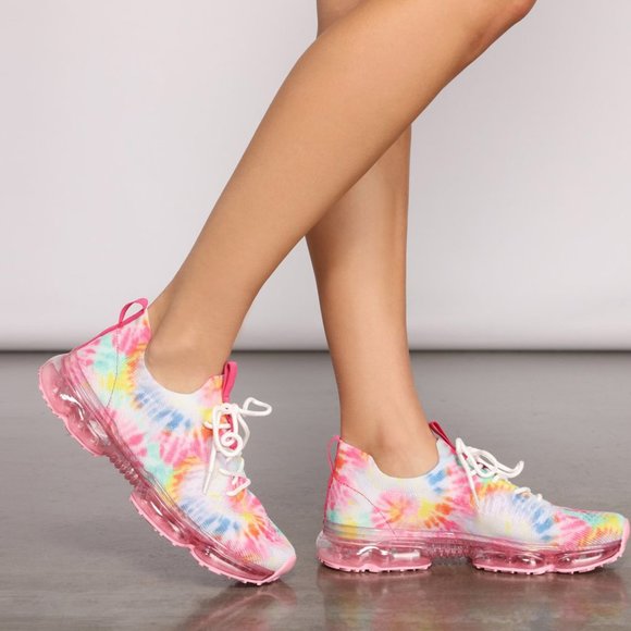 NEW🔥 Pink Multi Tie Dye Lace-Up Stretchy Bubble Air Cushioned Sneaker Slip-On - Picture 3 of 10
